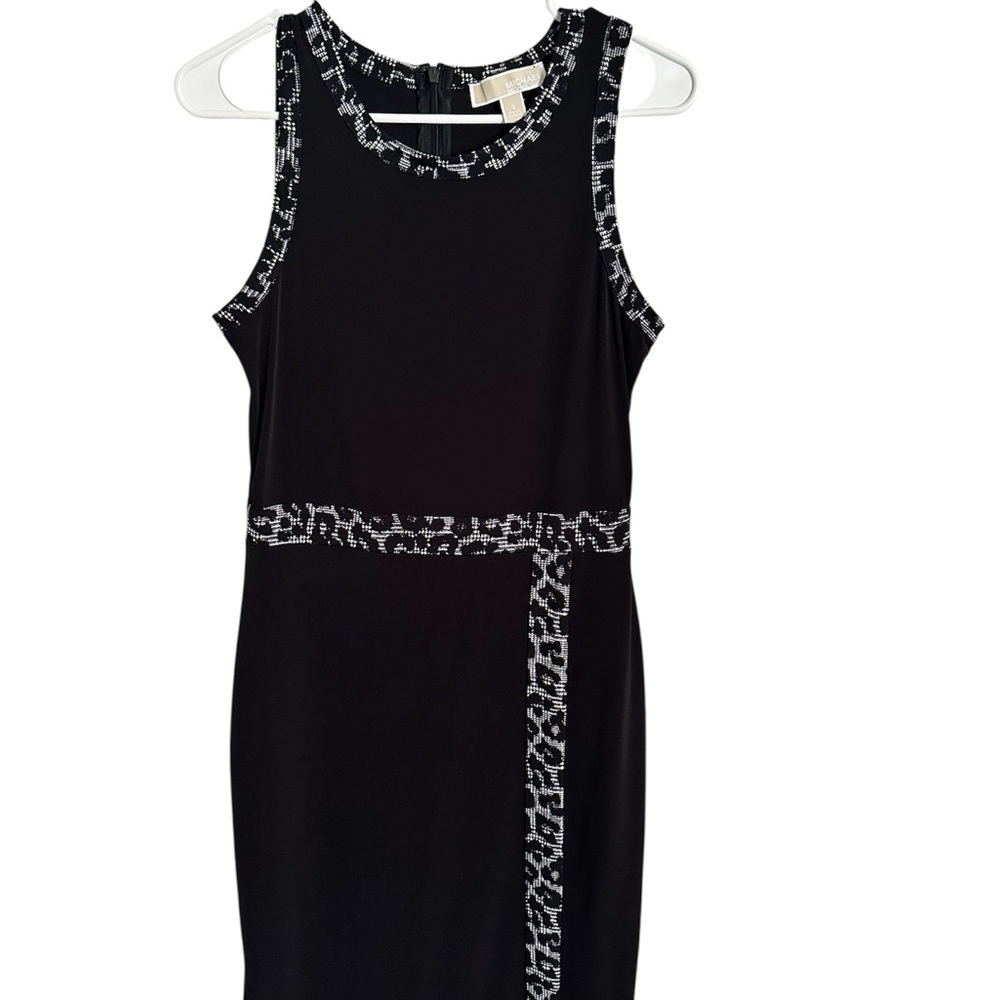 Michael Kors Black Leopard Trim Sheath Dress Holiday Bodycon Midi Chic Classic
